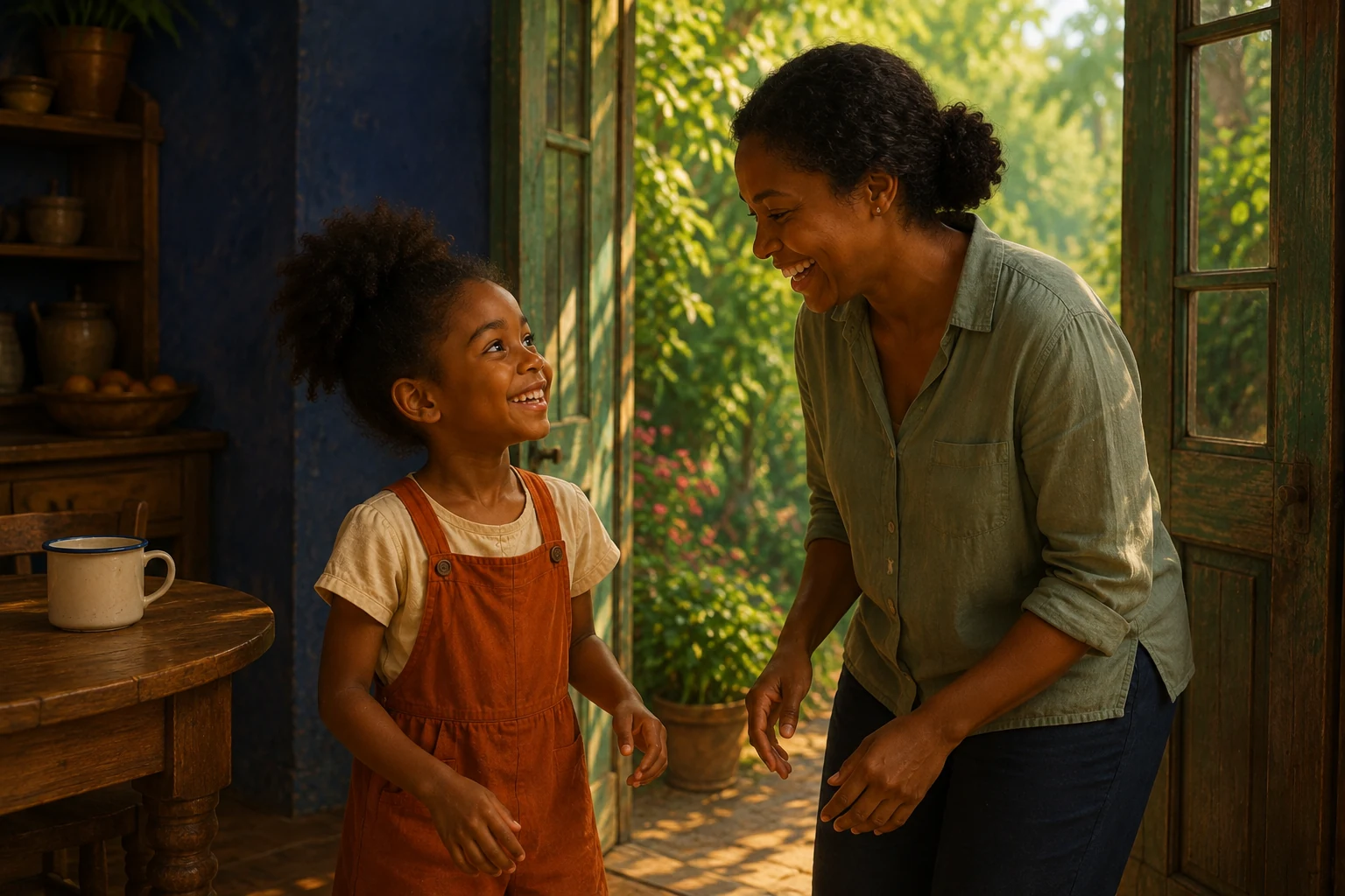 Sefa and Mama face each other with joyful expressions as their voices join in the doorway.