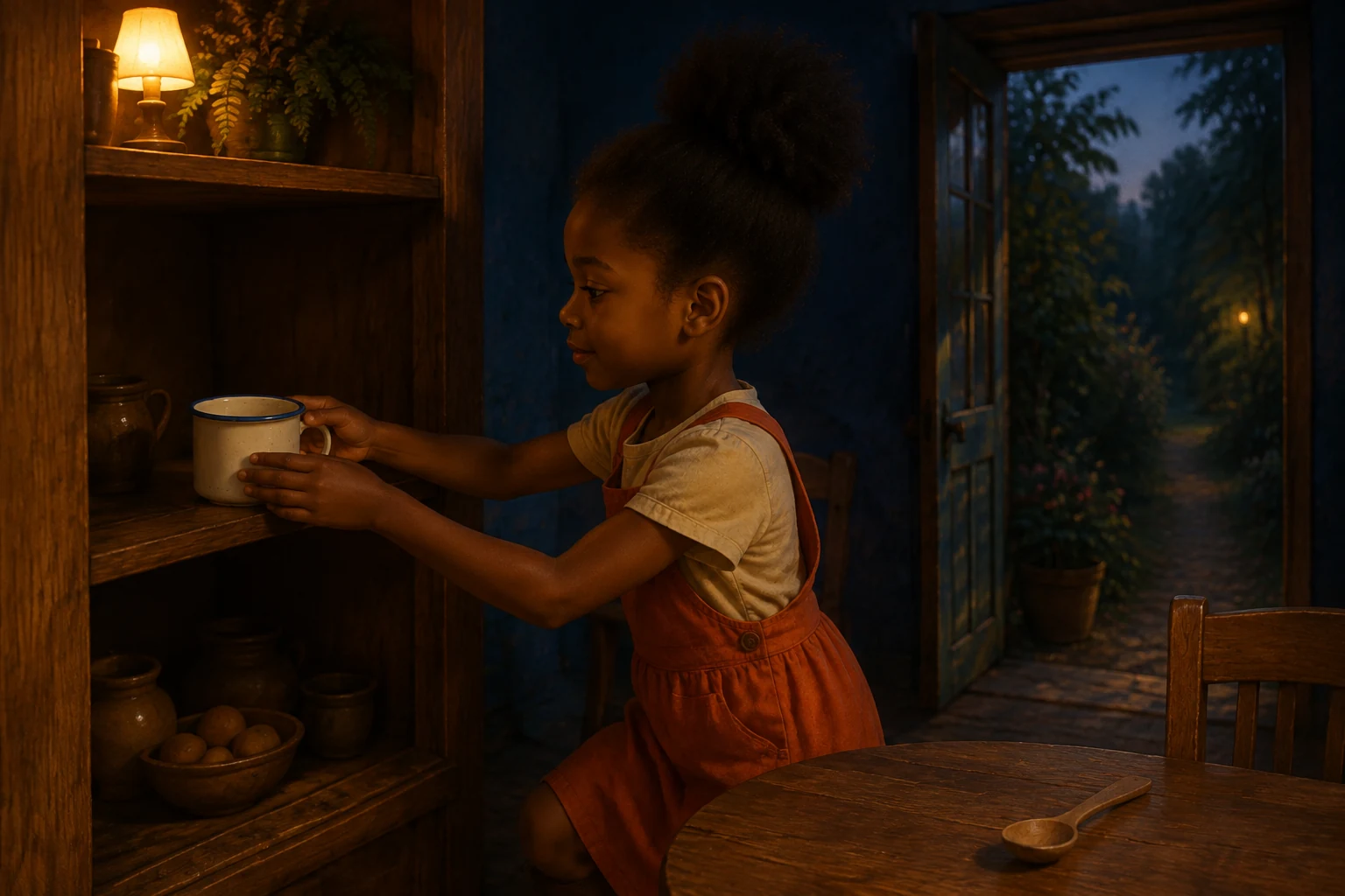 In the evening kitchen, Sefa places the clean empty cup on its shelf while the spoon rests on the table.