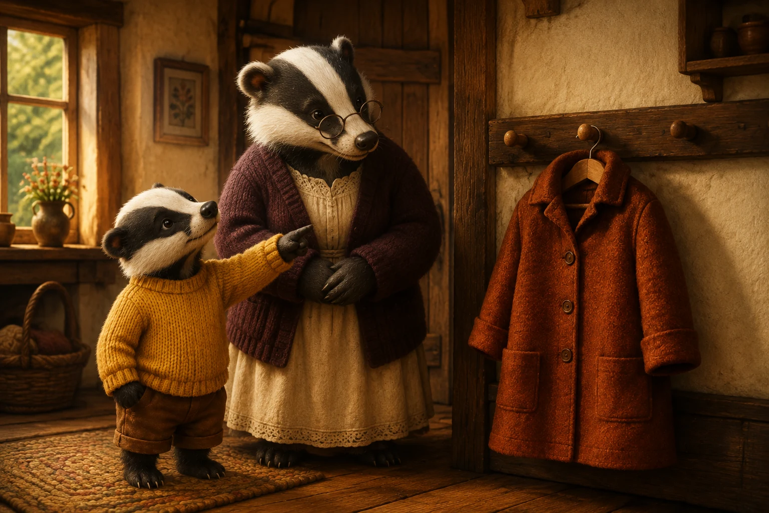 Pavo, a small badger in a mustard sweater, asks Nana about the rust-brown coat hanging on the low peg.