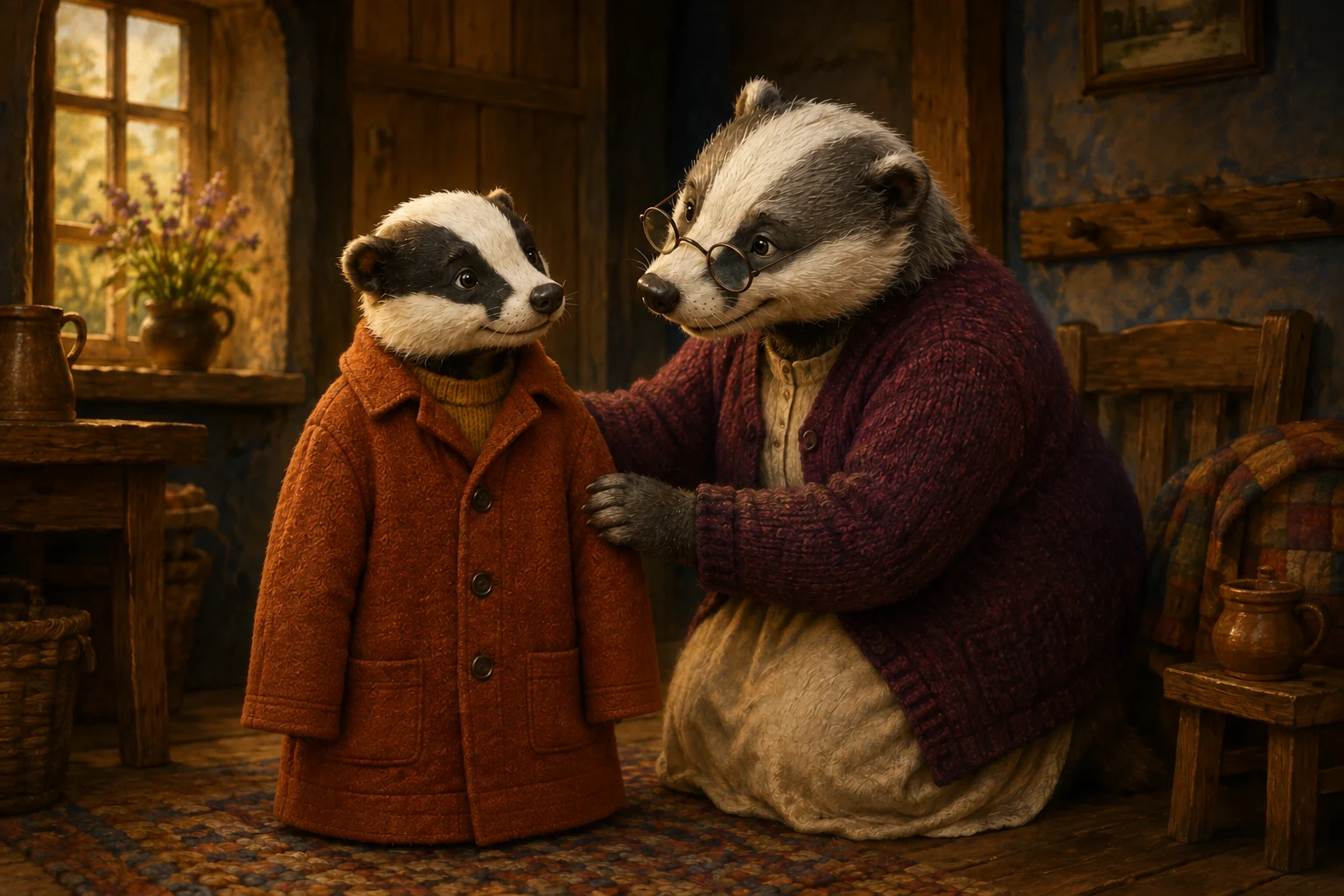 Pavo stands inside the oversized coat with both paws hidden in its long sleeves while Nana steadies his shoulder.