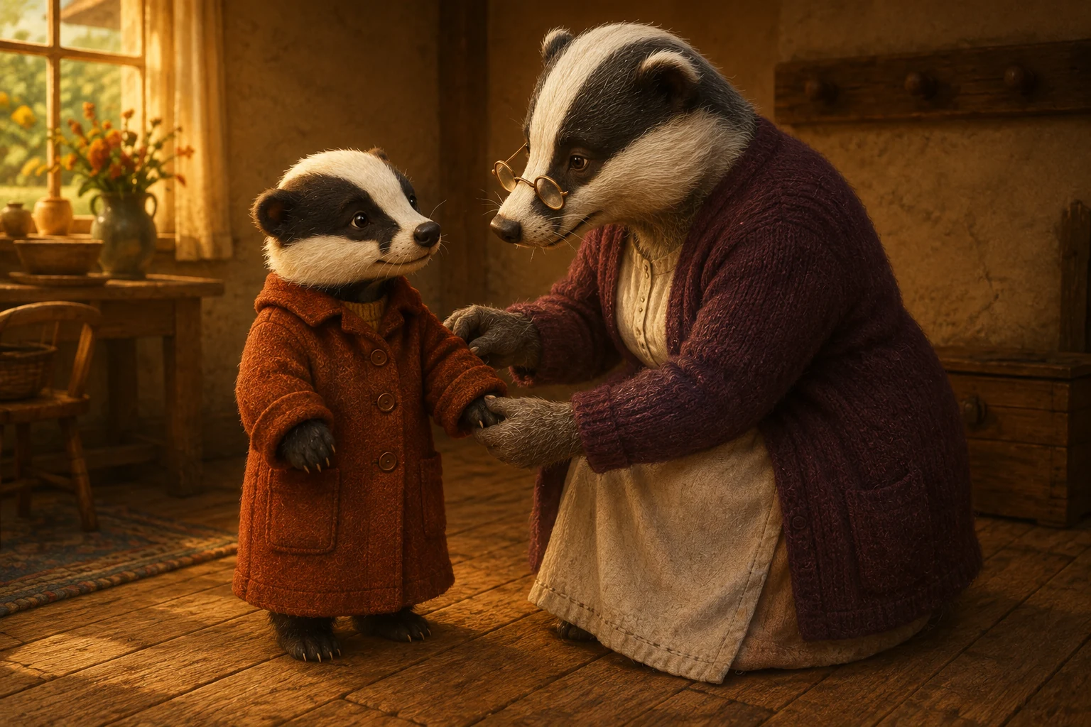 Nana turns the coat cuffs back so Pavo's paws emerge, though the long hem still hangs below his knees.