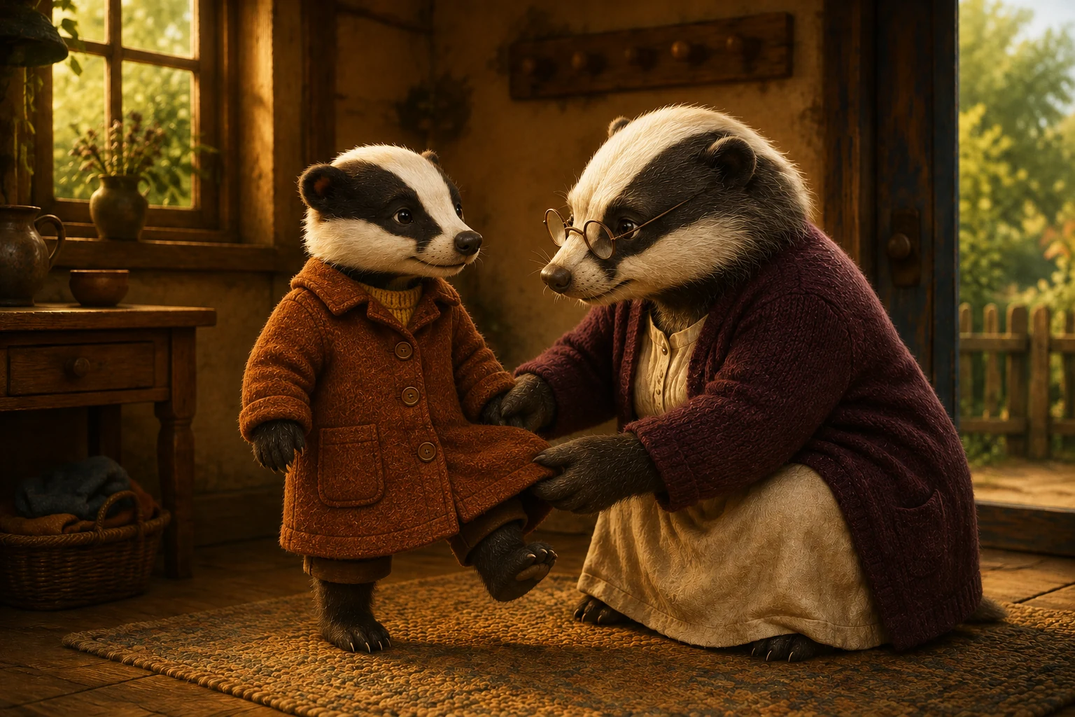 Nana holds up the coat's lower hem while Pavo wears it and lifts one leg to test a careful step.