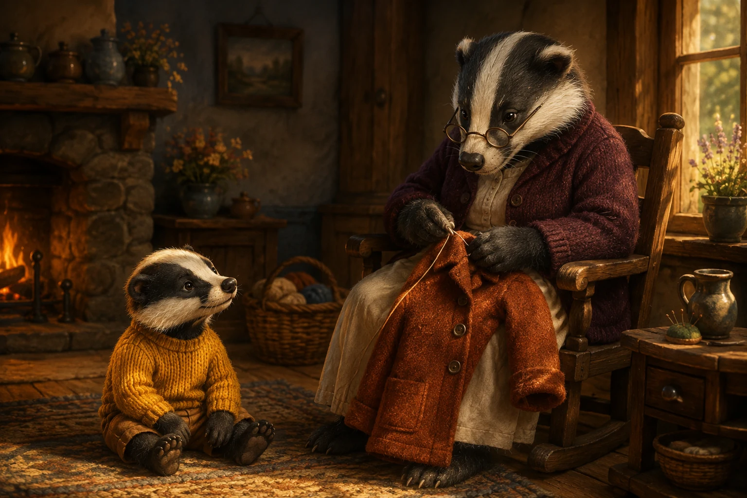 Pavo sits on the rug in his sweater while Nana sews the rust-brown coat on her lap.