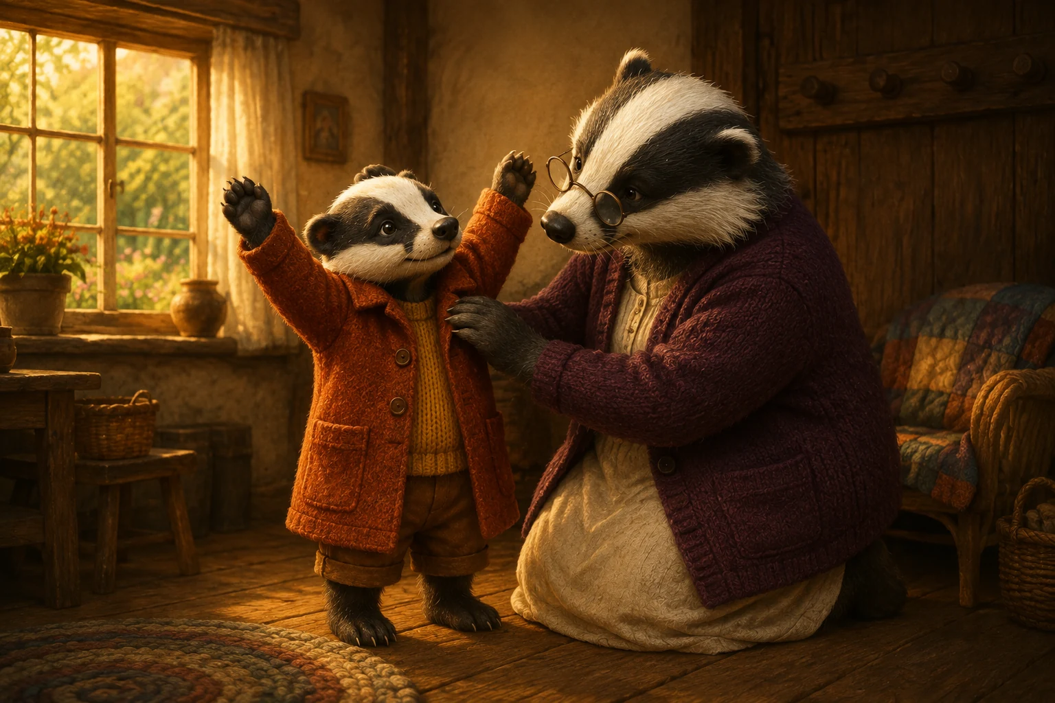 Wearing the shortened coat with rolled cuffs, Pavo stretches both paws upward while Nana smooths his shoulder.
