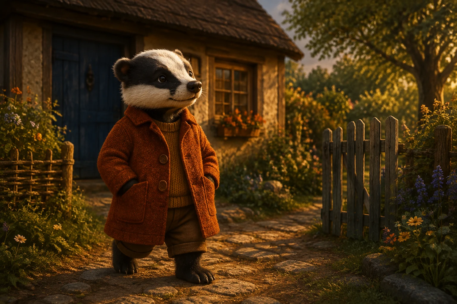 Pavo walks alone along the enclosed garden path with one paw tucked into each of the coat's two front pockets.