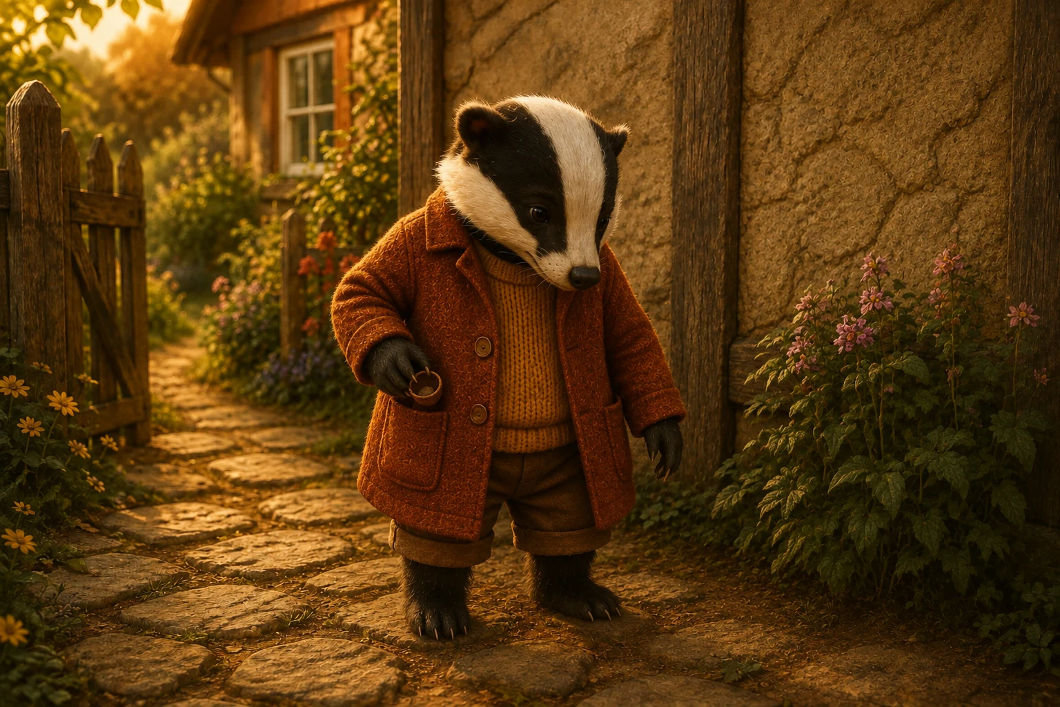 Still wearing his coat, Pavo holds a small empty acorn cup above one pocket on the garden path.