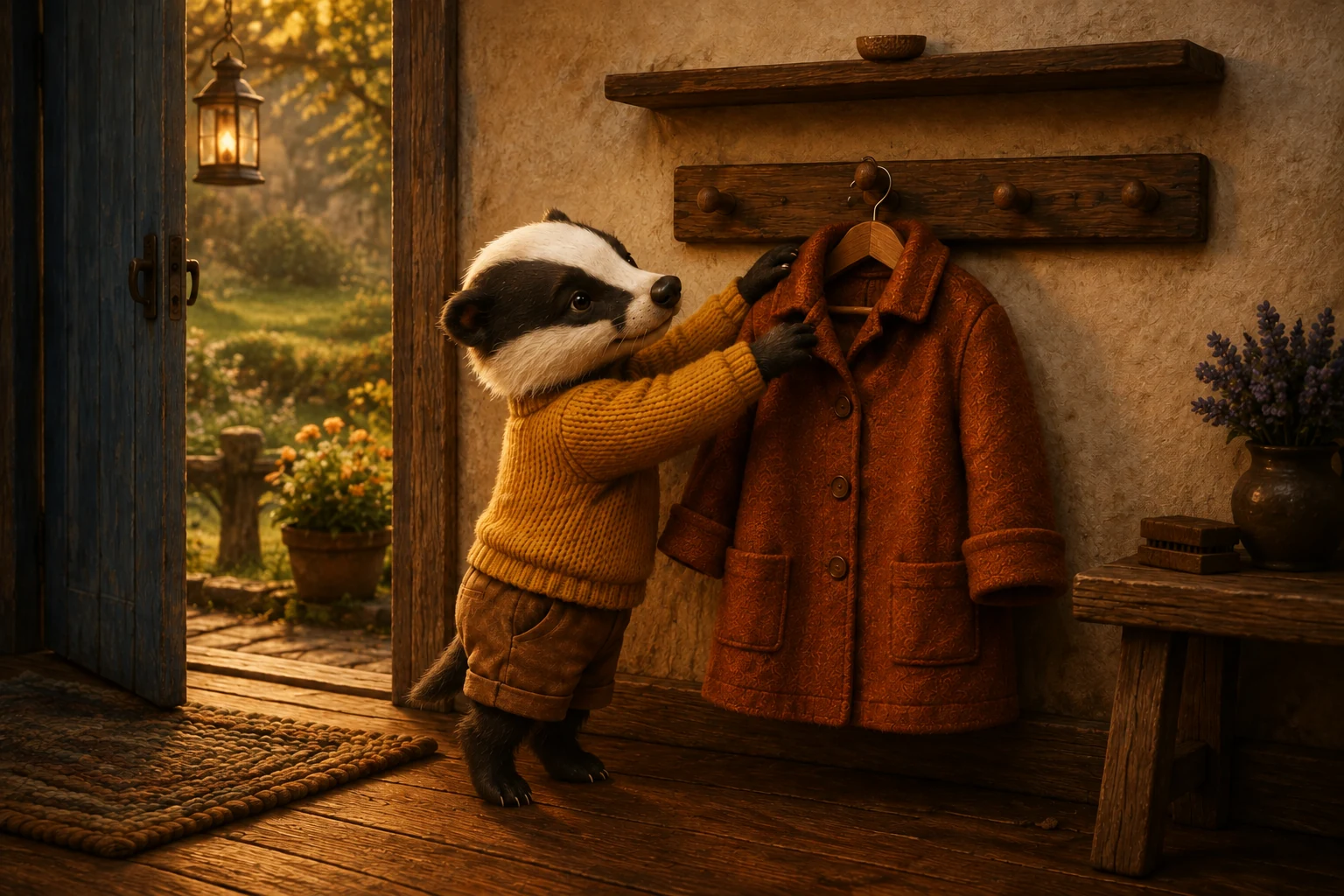 Back in his mustard sweater, Pavo hangs the coat with its folded cuffs below the shelf holding his empty acorn cup.