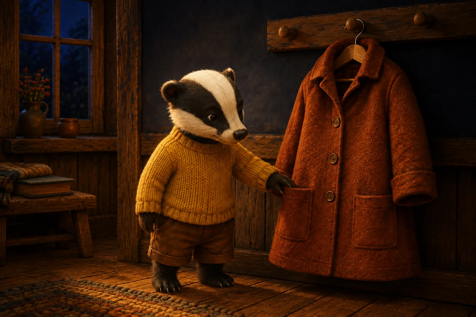 At bedtime, Pavo touches an empty pocket of the hanging coat as warm cottage light meets the indigo evening outside.