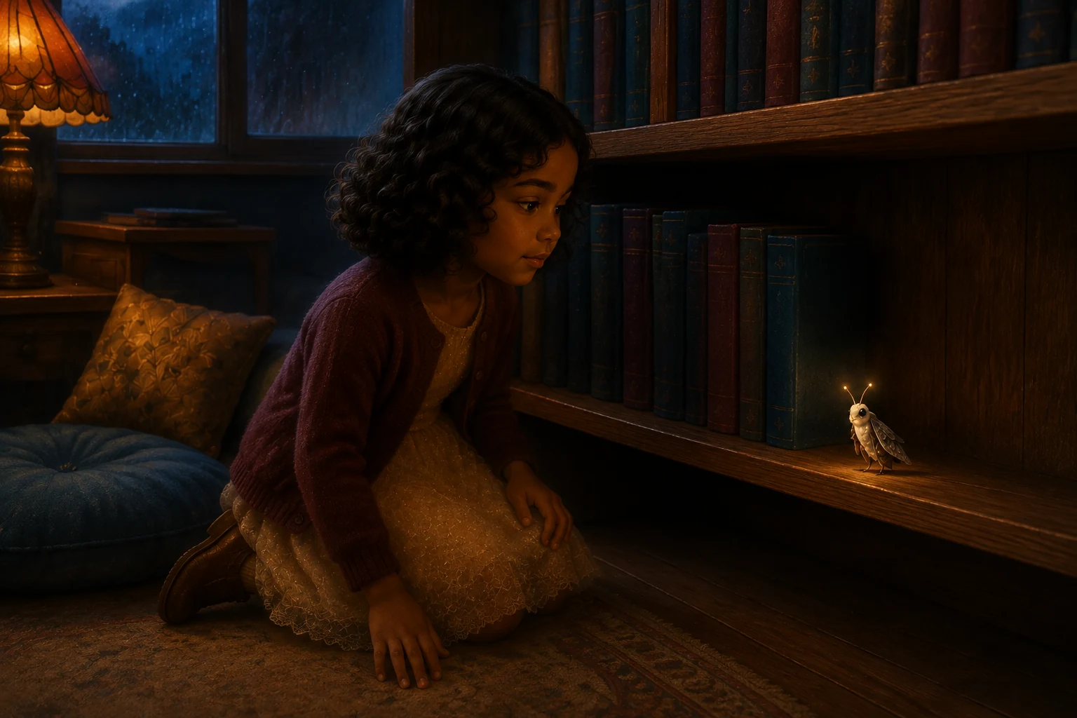 Elin kneels beside the low bookshelf and watches tiny cream-and-charcoal MOTE glow at the empty end of a row of books.