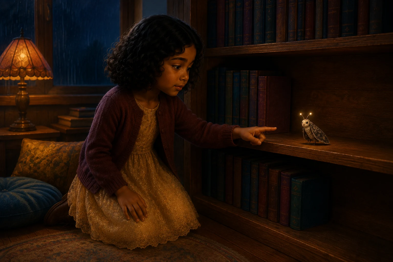 Elin points toward the space beside MOTE, whose patterned dark wings and two warm antenna lights stand out against the wood.