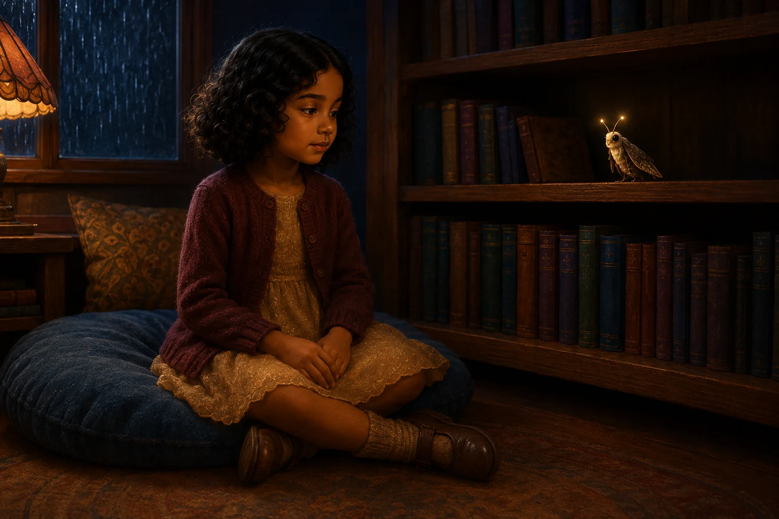 Sitting on a blue floor cushion with her hands in her lap, Elin thinks while MOTE waits on the nearby shelf.