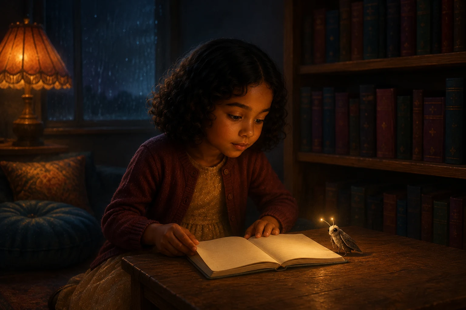 Elin opens a small cream notebook to its blank pages on the wooden table, with MOTE settled beside one corner.