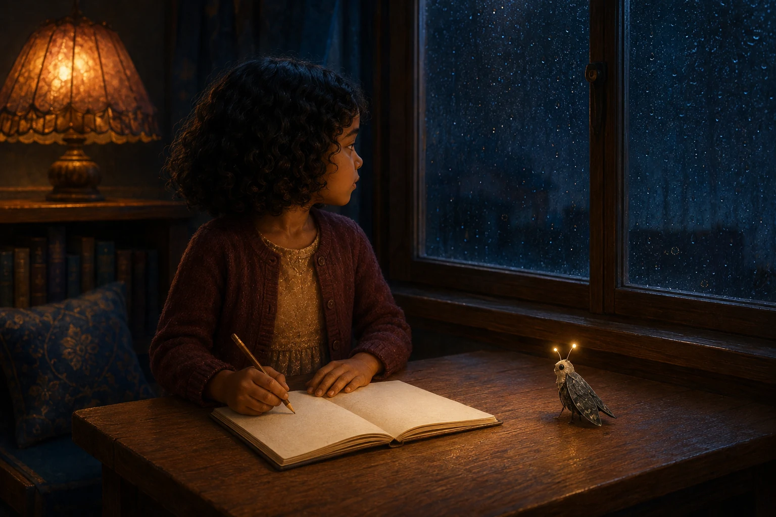Elin pauses above the blank notebook and looks toward the rain-speckled window while MOTE waits on the table.