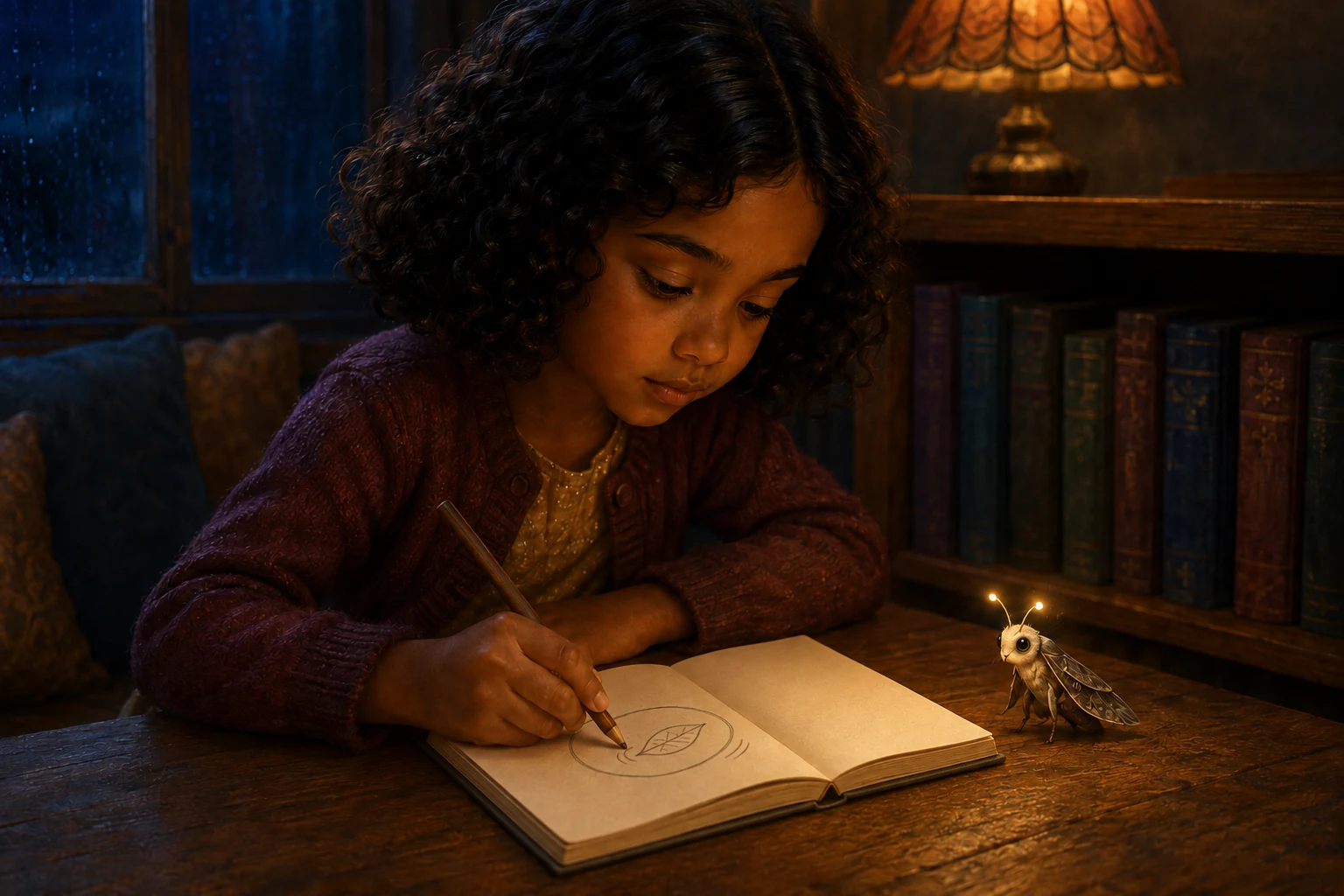 With a brown pencil, Elin draws a simple leaf inside a ring of water on the notebook's first page.