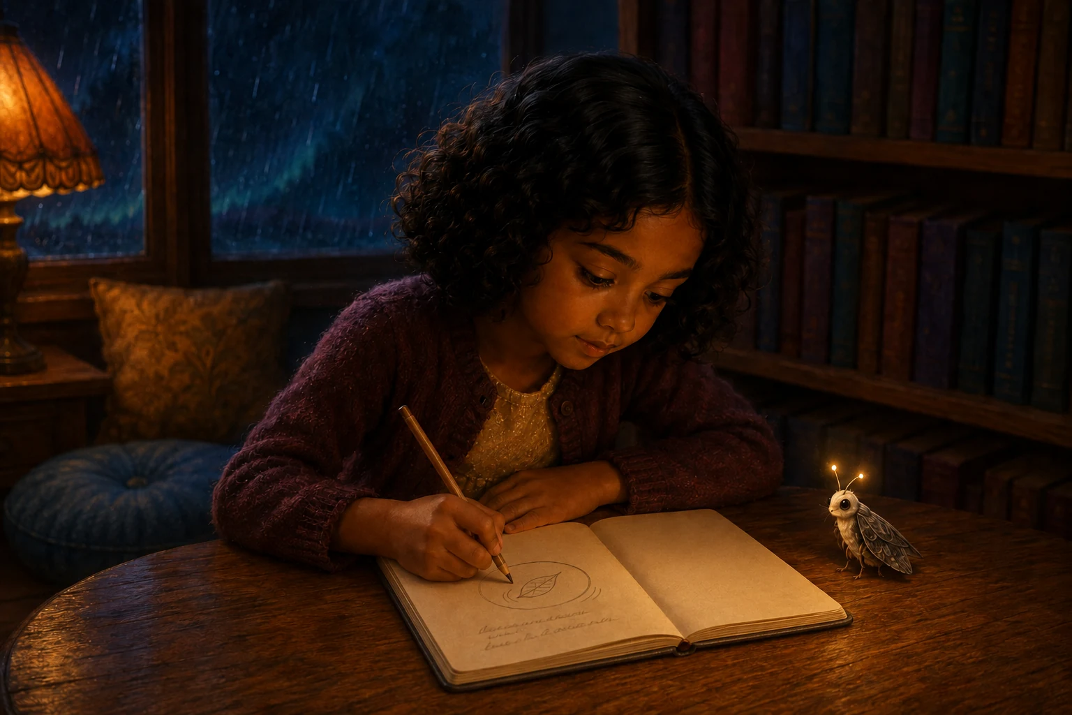 A few faint handwritten lines appear beneath the leaf drawing as Elin bends over the cream notebook and MOTE listens.