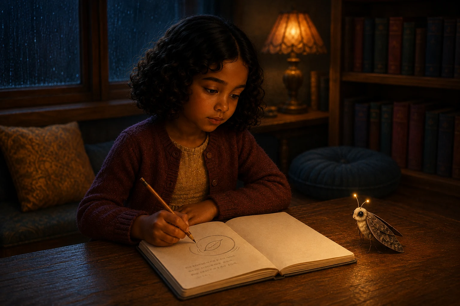 Elin pauses with the pencil over her leaf drawing and short lines of writing, looking thoughtfully at the page.