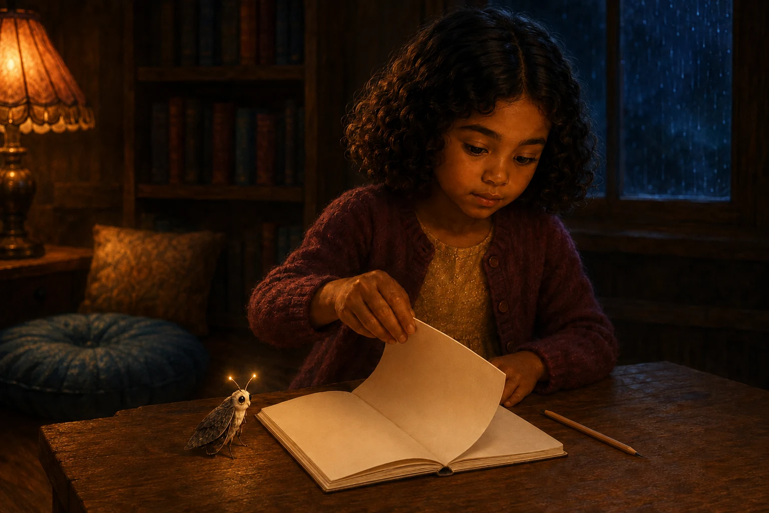 Elin turns to a fresh blank page while her brown pencil rests beside the notebook and MOTE stands nearby.