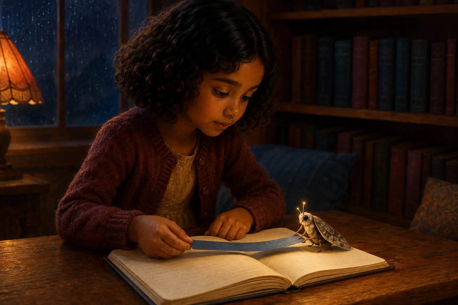 Elin holds one end of a narrow blue paper strip while MOTE supports the other with tiny insect feet above the open notebook.