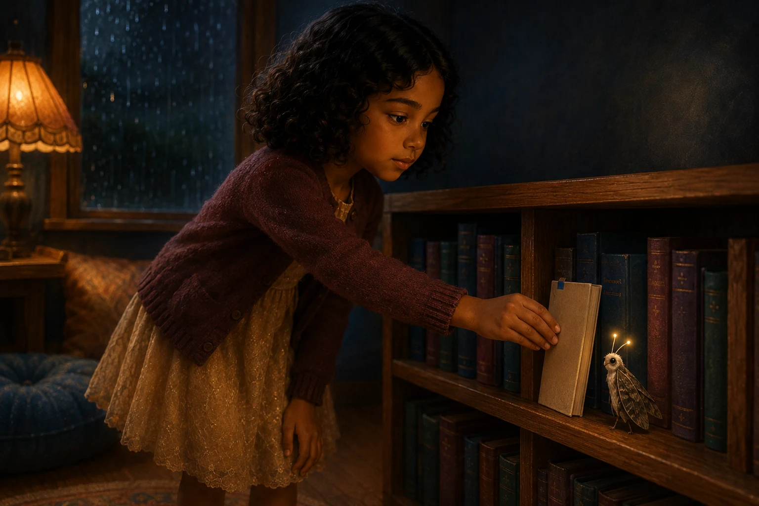 Elin places the closed cream notebook beside a blue book on the shelf, its blue paper marker showing at the top.
