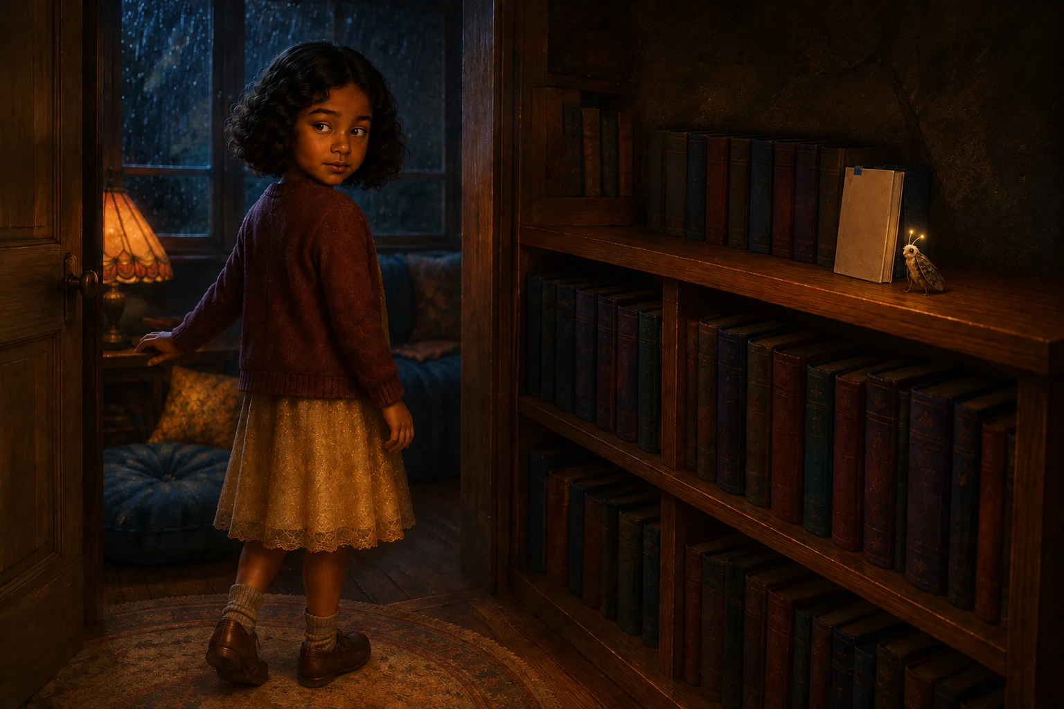 From the doorway, Elin looks back at MOTE's warm antenna lights beside the upright cream notebook and the quiet row of books.