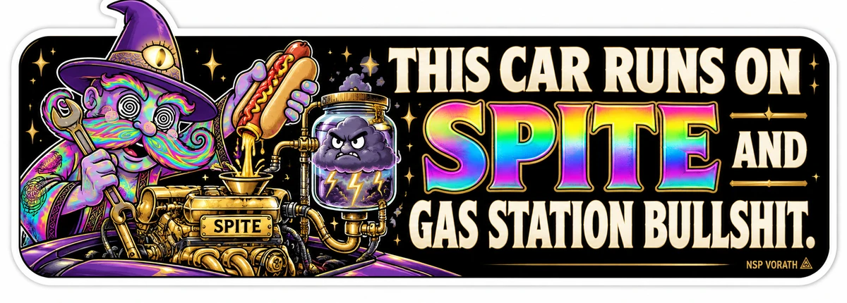 THIS CAR RUNS ON SPITE AND GAS STATION BULLSHIT.