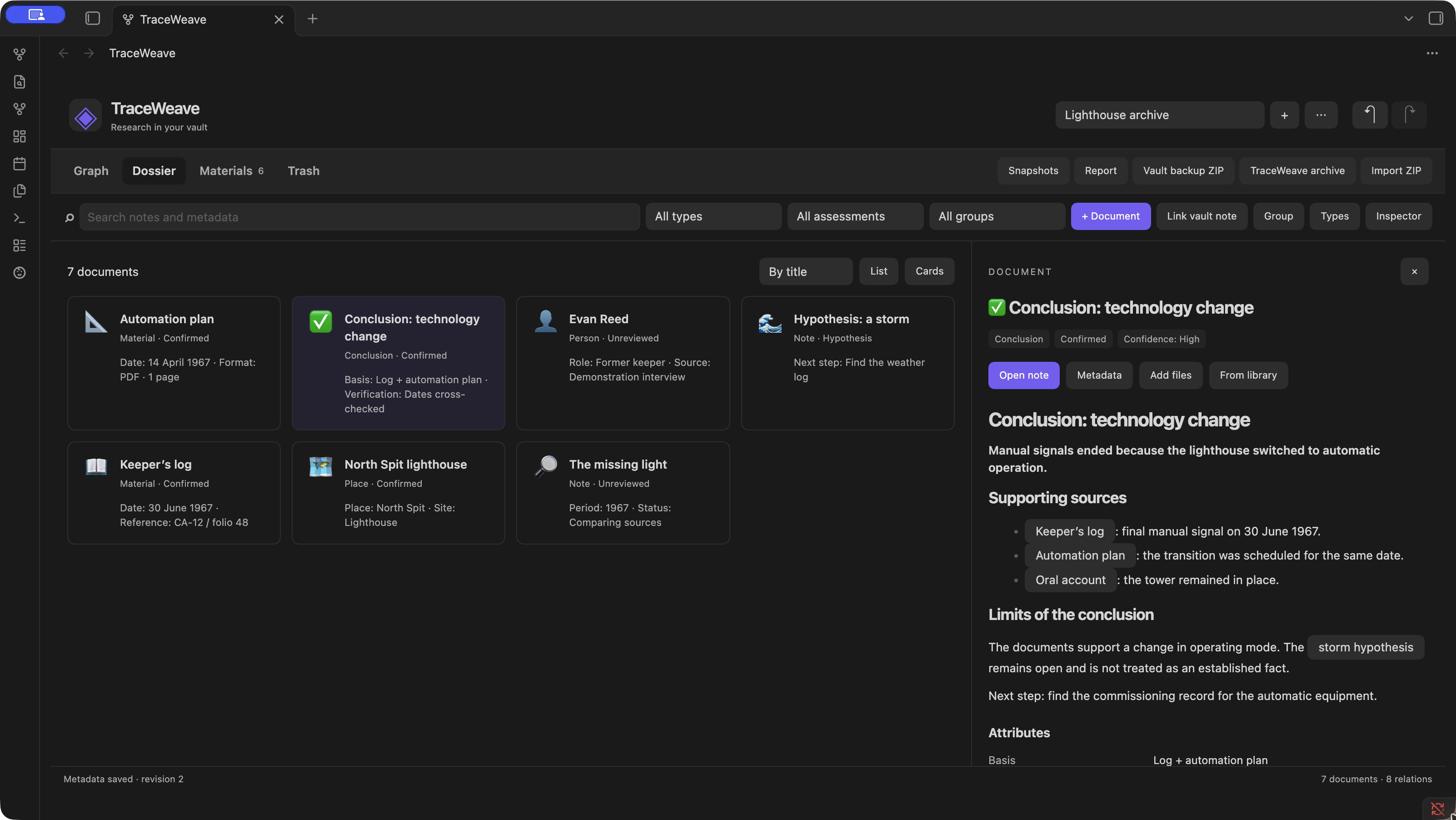 Research dossier with English demonstration content in the dark theme