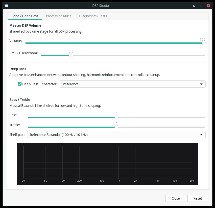 PCM Transport DSP Studio window with bass, treble, Deep Bass and diagnostics