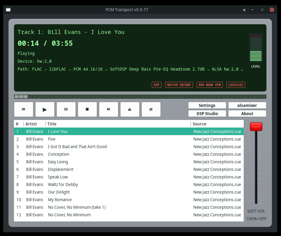 PCM Transport main window showing playback controls and diagnostics