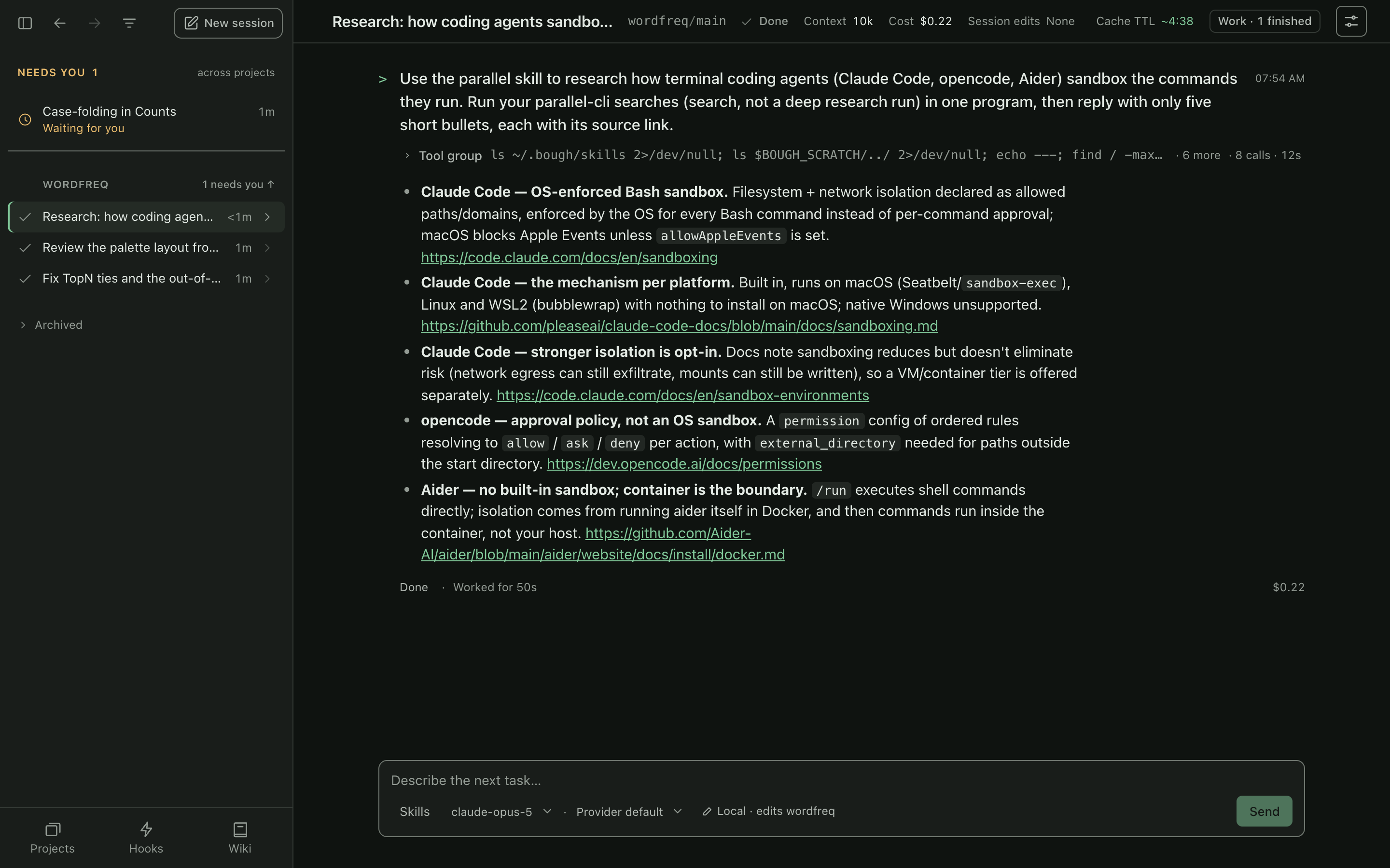 bough serve: a session using the parallel skill to research how coding agents sandbox commands