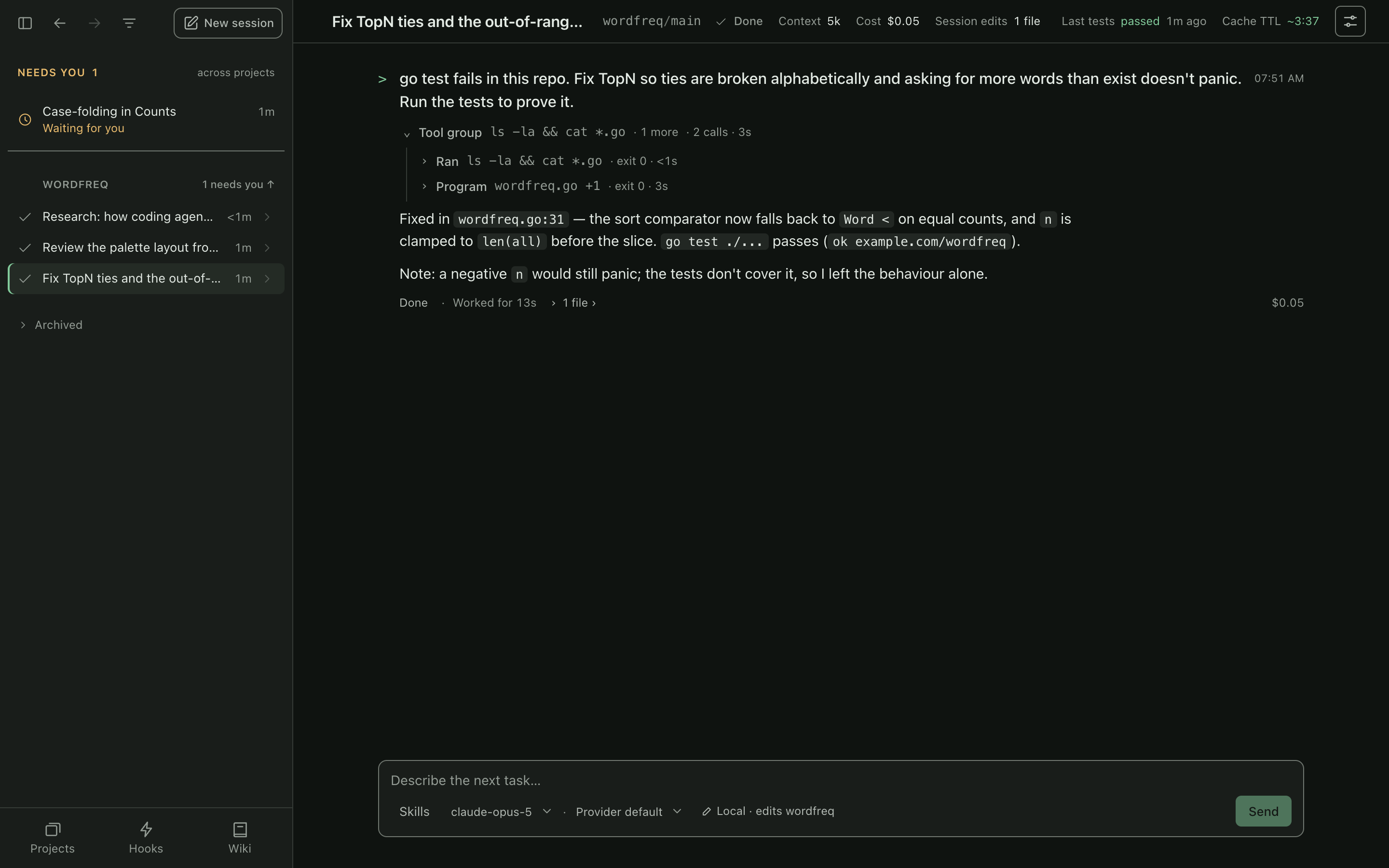 bough serve: a session that fixed two failing tests and ran them green