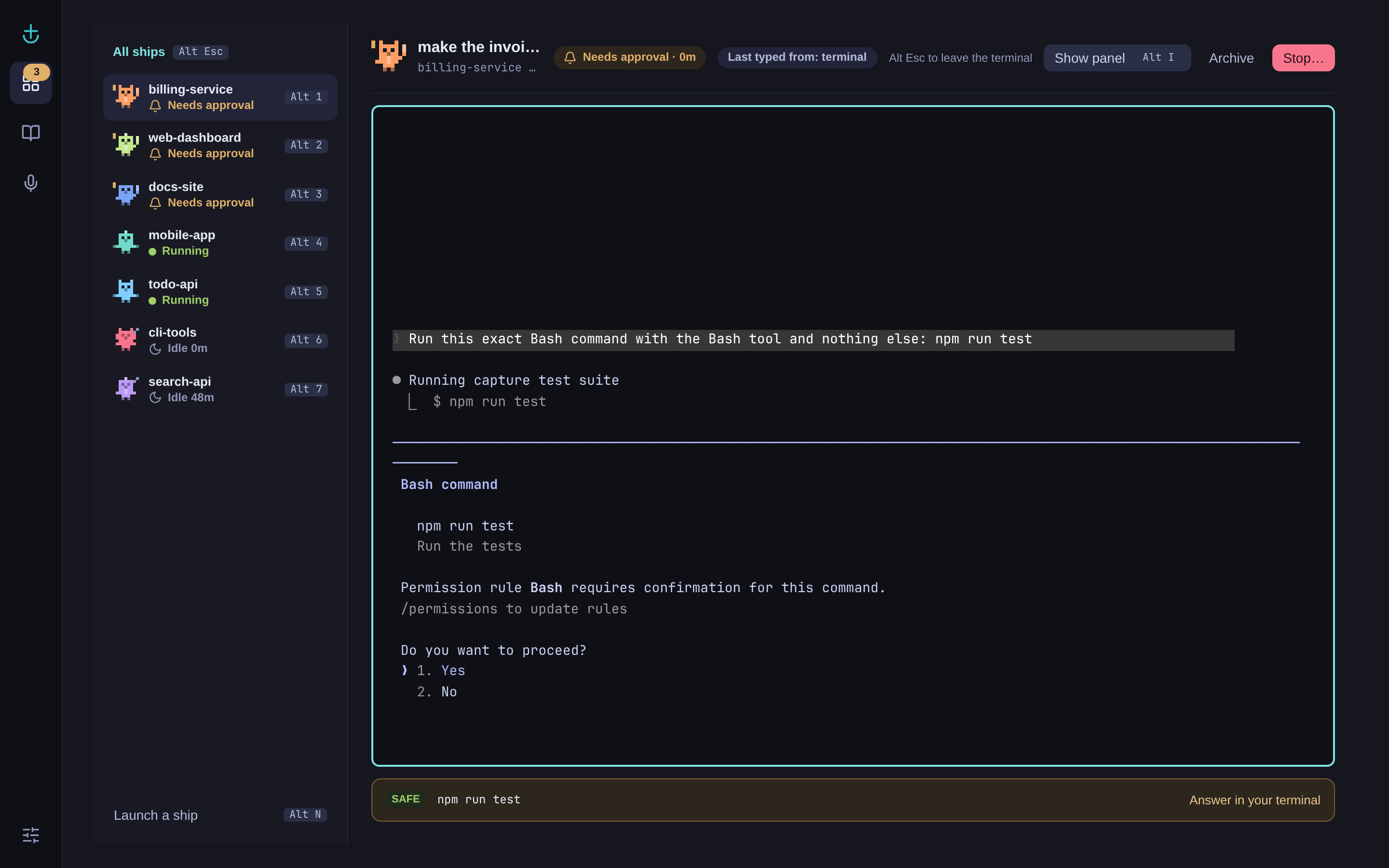 Focus on a session started in deckd: its live terminal shows a Bash permission prompt for npm run test, and the PromptBar below names it Safe