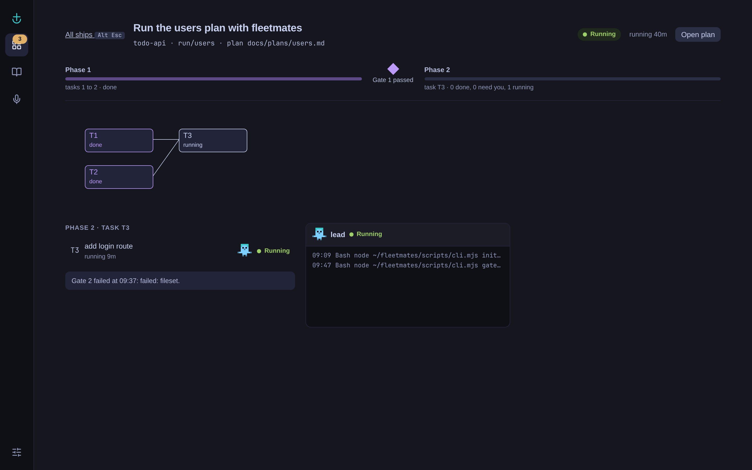 The Team run page of a fleetmates run: phase 1 done with gate 1 passed, task T3 of phase 2 running after gate 2 failed on fileset, and the lead session's tool steps