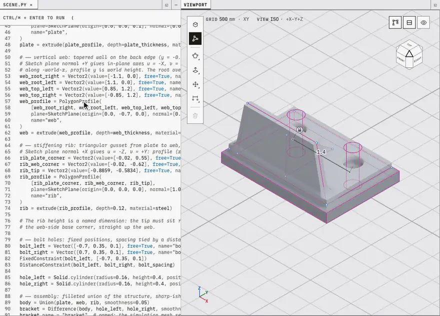 The bracket in the playground's vertex mode, with the rib's distance constraint removed. The camera turns half way around the part; the pointer drags the free handle at the tip of the gusset rib up and out, the rib and its smooth-union blend follow the drag, and on release the rib_tip Vector2 literal in the editor is rewritten. The handle is dragged back, and the camera finishes the turn.