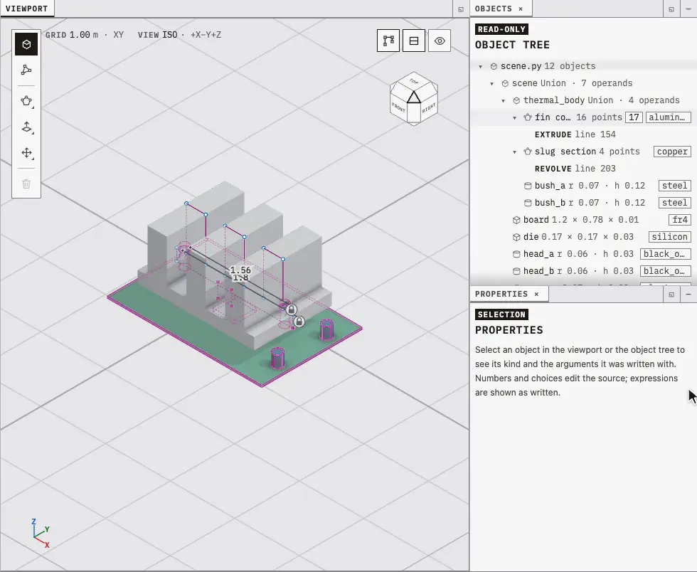 The properties window: clicking the fin comb's extrude row in the Objects tree shows its profile, its depth (the named parameter fin_depth) and its material. Typing 1.8 into the depth field deepens the comb, typing 1.2 restores it, and follow selection clears the window.