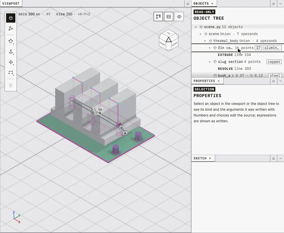 The heat sink in Sketch mode. Selecting the fin comb in the Objects tree shows its sketch plane with the move gizmo; dragging the gizmo's Z arrow lifts the plane and the comb with it, and the ORIGIN field in the Properties window updates to the rewritten SketchPlane origin. The plane is then dragged back down.