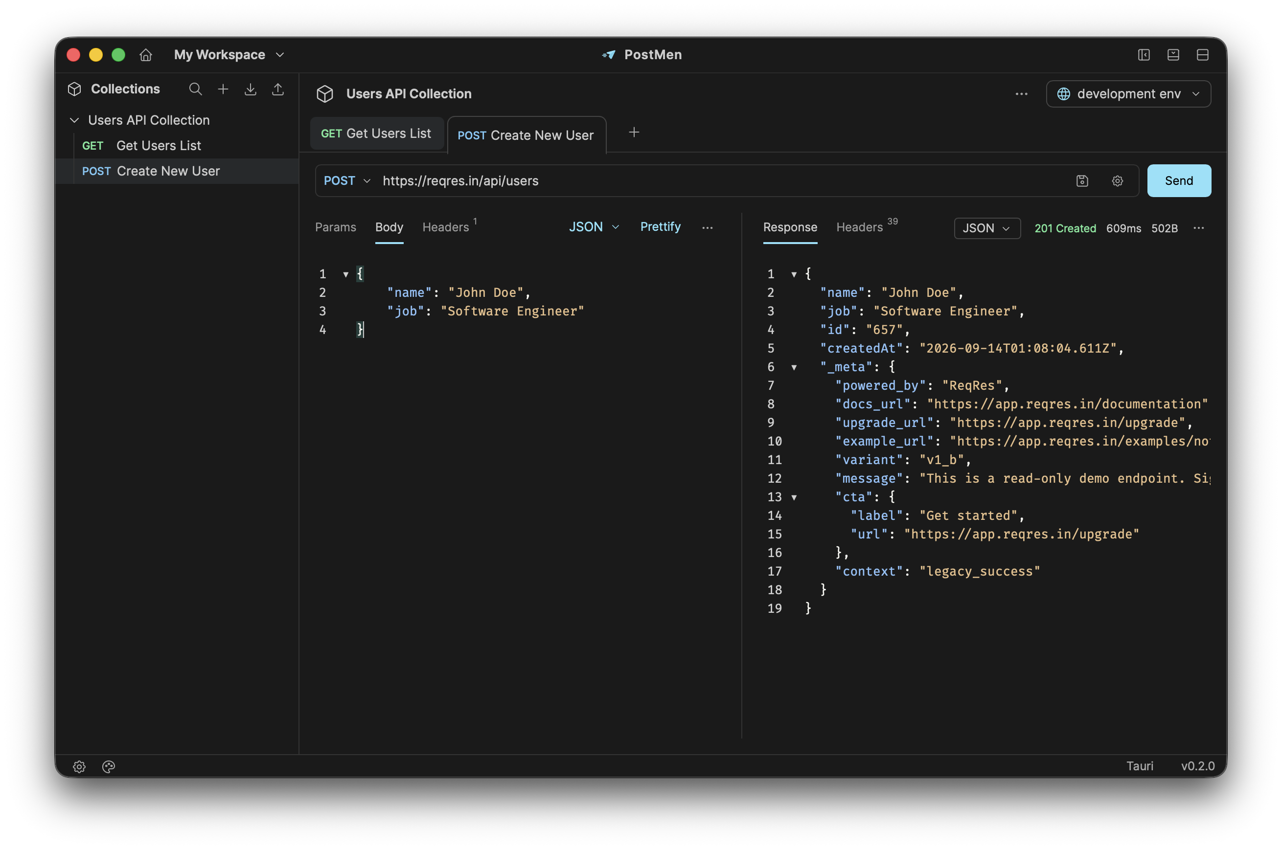 PostMen on macOS — request editor and JSON response
