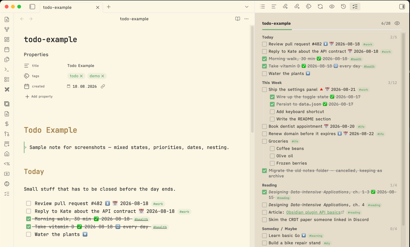 Task panel in Obsidian's right sidebar, tasks grouped under note headings with a progress bar