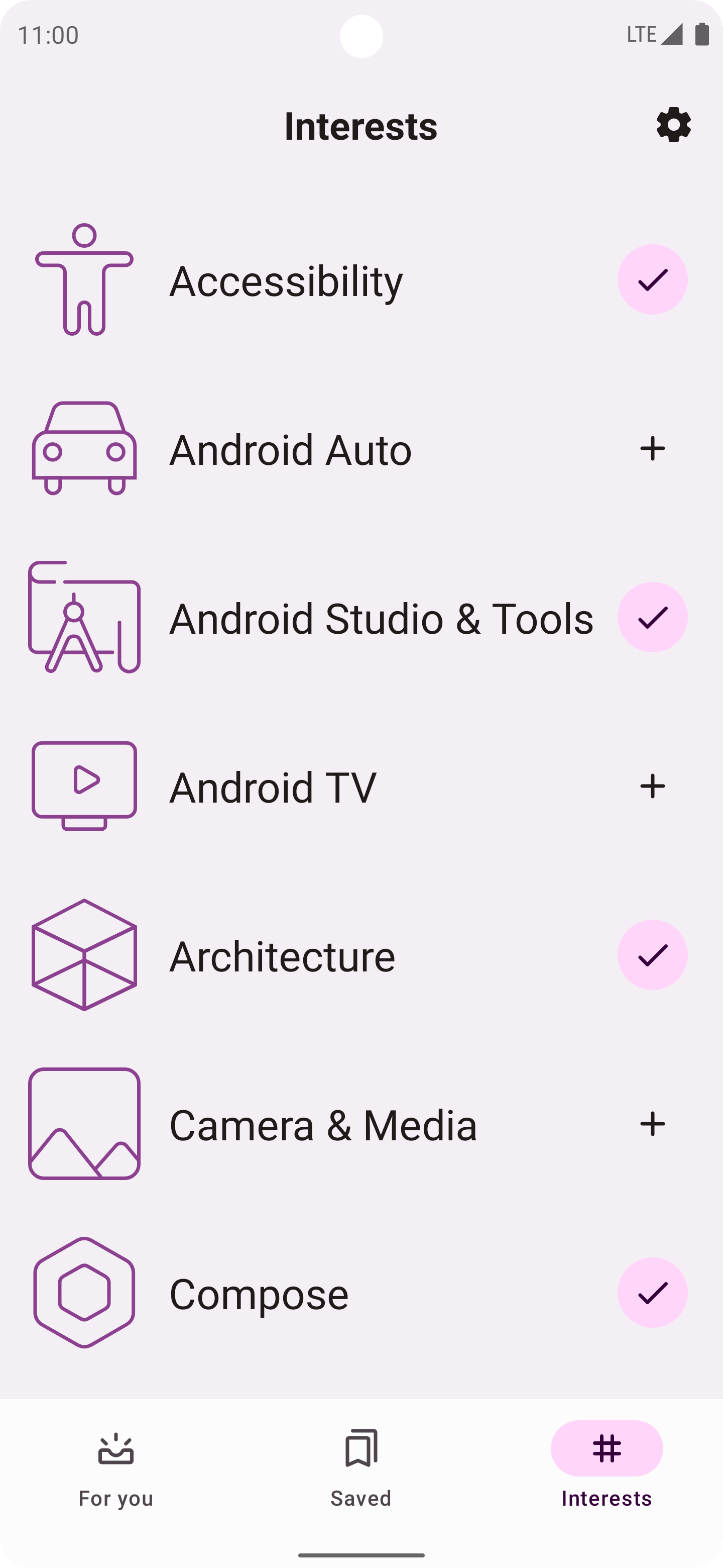 Screenshot showing Interests screen