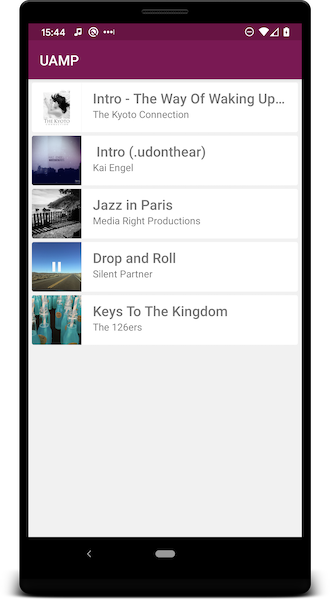Screenshot showing UAMP's UI for browsing albums and songs