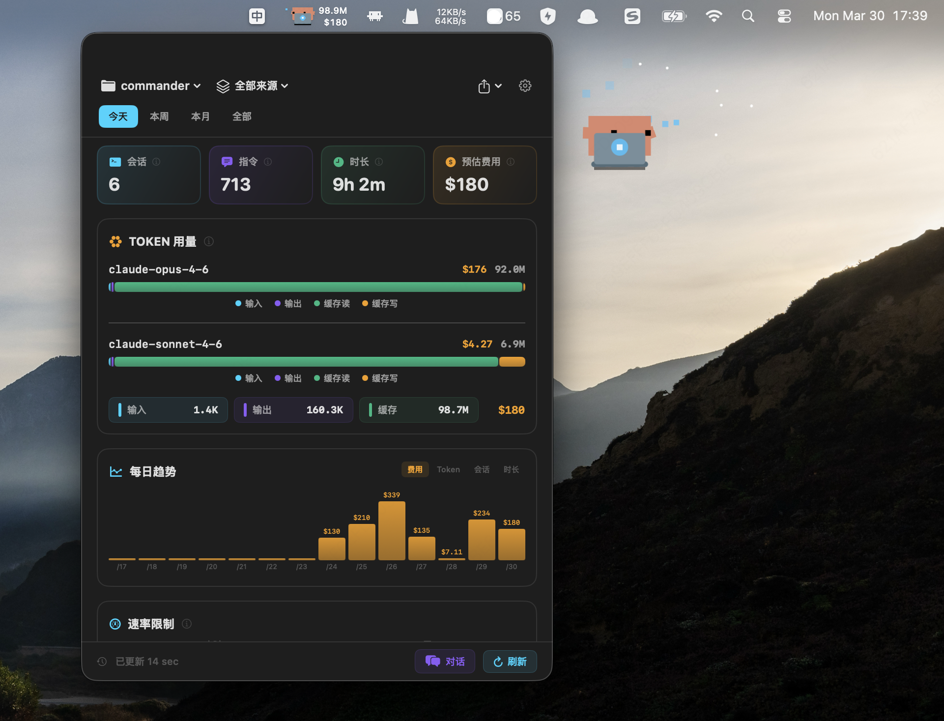 桌面截图:cc-stats 仪表板 + Clawd 桌宠 + 状态栏