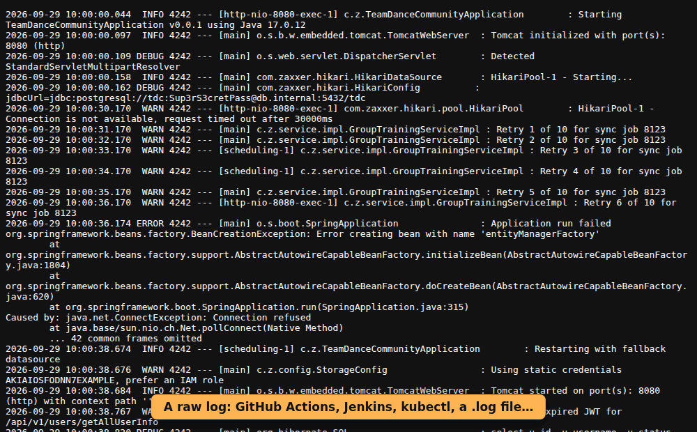 Logbeam: a raw log opened in the viewer, next error, a field filter, p95 latency, and the new errors between two CI runs