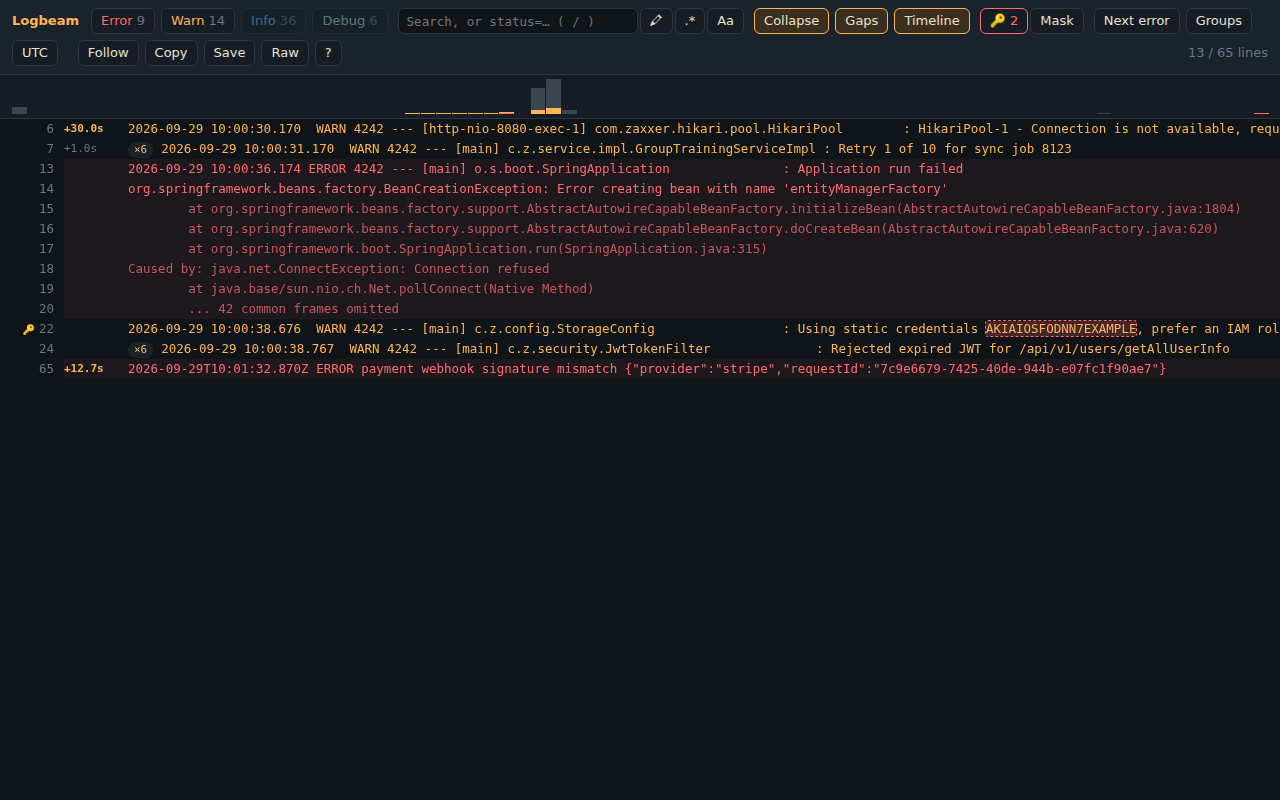 Only errors and warnings, repeated retries collapsed