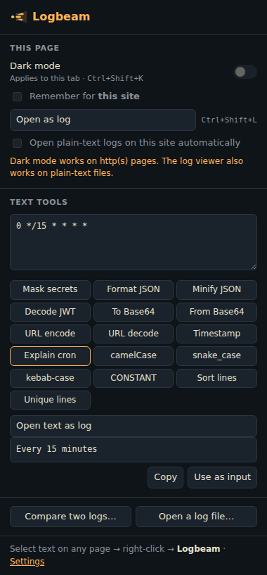 Popup with dark mode and text tools