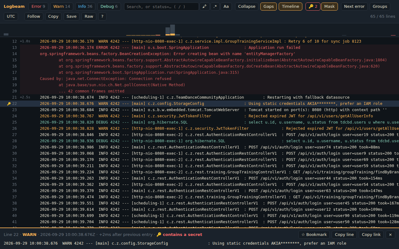 A leaked AWS key found, masked, and shown in the line inspector