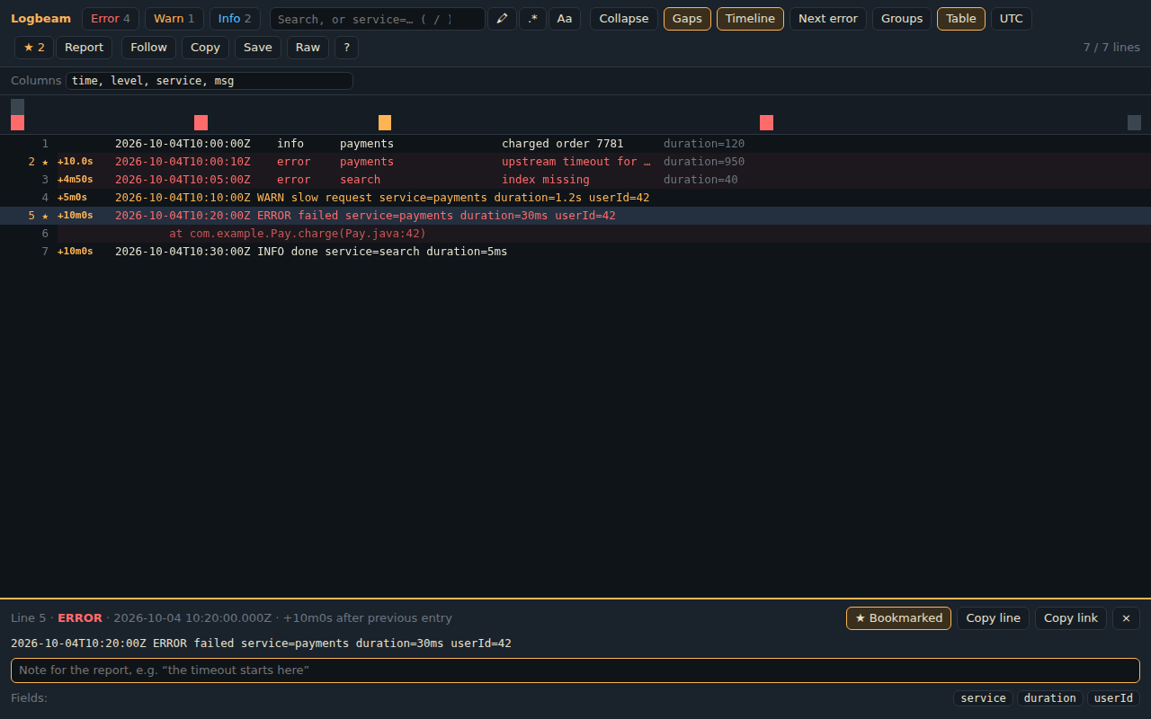 JSON log as a table, with bookmarks