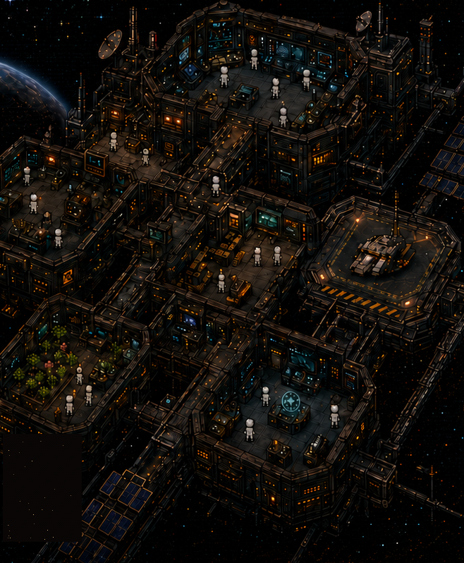 The StarNet station — rooms, crew, and workstations rendered from live harness state
