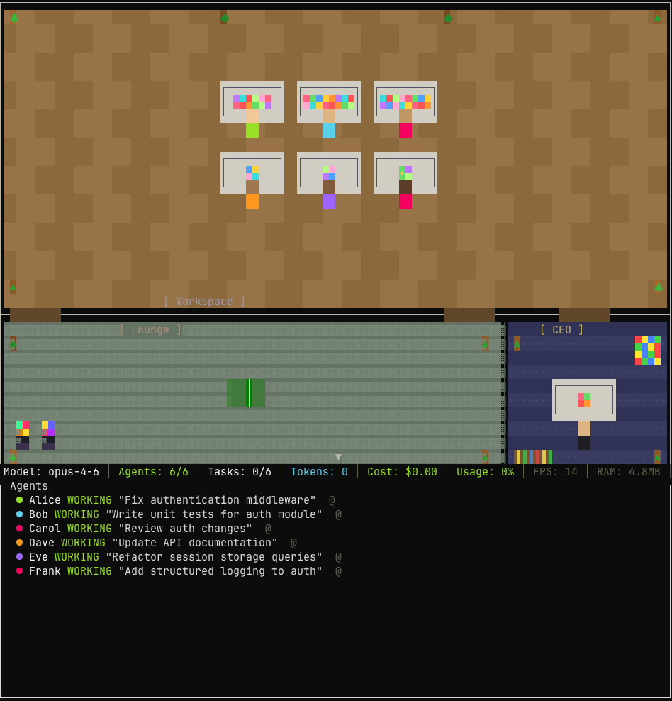Demo screenshot showing pixel-art office with agents working at desks