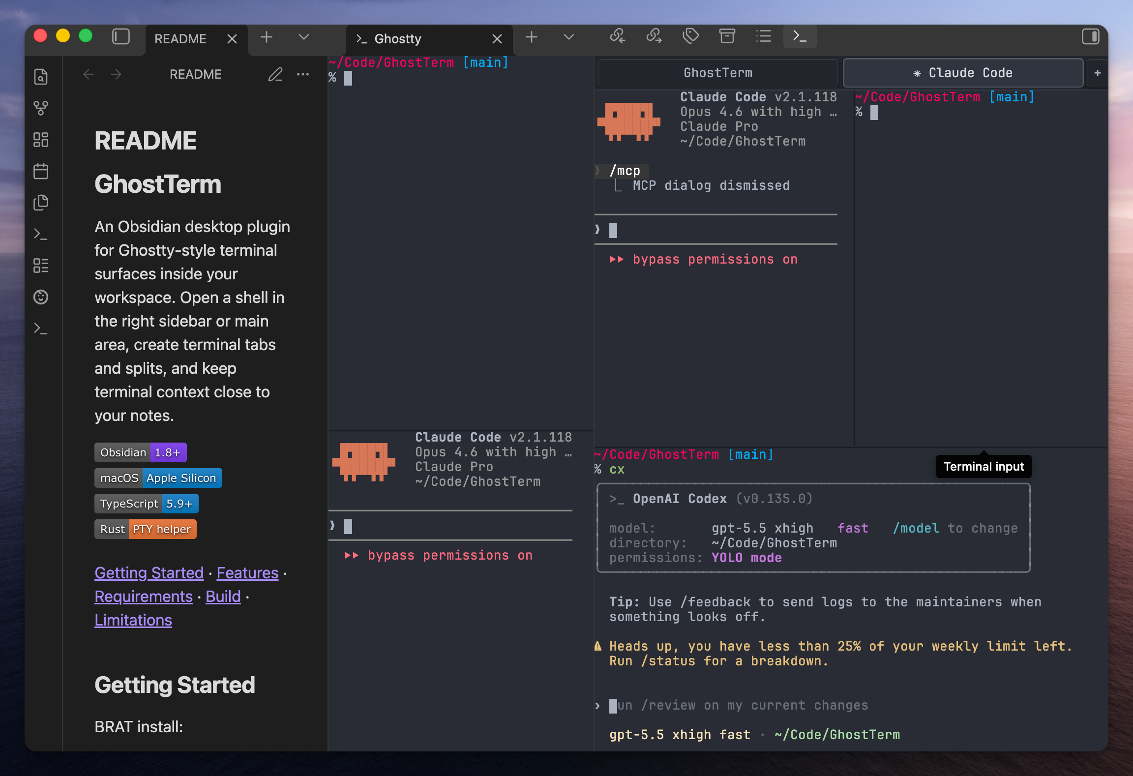 GhostTerm terminal surfaces inside Obsidian