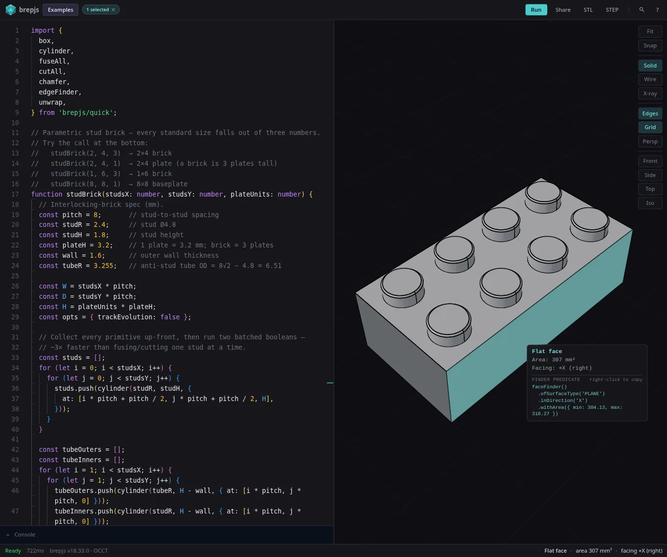 brepjs playground: write TypeScript on the left, see the exact solid render on the right