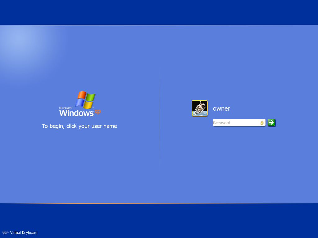 Installed XP lock screen captured in KDE test mode at 1024×768